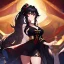 Placeholder: Clear focus, 8k, beautiful lighting, vibrant colors, girl, black hair, long hair, vibrant red eye, ponytail, messy hair, gold eye, thighs, black stockings,