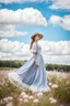 Placeholder: fullbody girl makeup wearing a victorian dress walking in country side ,flowers ,pretty clouds in blue sky