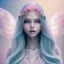 Placeholder: beautiful, soft, big smile face, whole head, long straight blonde hair blues eyes, crown on the head, clothing in transparent bluish and pink veil,fairy wings on the back, background brillante bluish and pink, hight definition, 8K