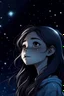 Placeholder: She is a girl with no Facial features drawn looking to the sky in the night that is full of stars and Meteors with a star clip in her hair