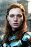 Placeholder: ultrarealistic, concept art, ruined city,__intricate fantasy armor__, no star, __angles__, 18 year old woman, strikingly beautiful,ginger hair, _colour_, (pale __skincolor__ skin:1.2), __camera__, long hair, detailed face and eyes, medium breasts, sci-fi theme, freckles, dynamic pose, resolved expression, __accessory__, strappy outfit, (straps:1.1), sword in scabbard on left hip, (buckles, buttons, snaps, rings:1.0), haltertop style breastplate, detailed eyes, plump lips