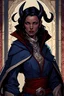 Placeholder: female tiefling rogue with shoulder length dark hair and red skin colour. The dark hair contrasted and complimented her soft facial features. She had a fashionable yet practical jacket of a midnight blue overtop a silver steel chest plate and underneath it all a modern cut of mage robes the color of cream with ornate blue edging.