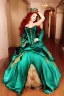 Placeholder: Busty princess full body with long auburn hair green eyes wearing a big dark teal green and gold satin ballgown corset off shoulder top at night