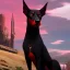 Placeholder: Perro Doberman color negro y rojo vino tinto arte anime de frente orejas puntiagudas levantadas fondo blanco