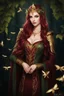 Placeholder: Elven ears,Burgundy hair, dark hair,dark red , rapunzel hair,very long hair,dark fairy princess,elven crown,night,dragonflies,beautiful,ong ashes,golden armor ,sparkle,night blooming,ivy,dark green,lilly of valley,golden elven crown,elven warrior,dark gold armor,extremely long hair