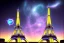 Placeholder: Eiffel tower but bigger and made from diamonds . nebula in sky . flying cars passing by.