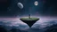 Placeholder: one alone human stands on deep dark colors little floating island. the island with alone human floatings over some four colors landscape . normal neurotipical lifes contrast the weird inner world with neurodivergens soul and mind,, Whimsical strange style of Chagall, of Bosch of giger and Anton Semenov. weird absurd beauty nightmare, in background neuronic network and landscape with cites and with many little humans on eart, Whimsical surreal vibe, cinematic