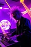 Placeholder: French cool synth player with crazy techno acid hair, he is called "Jean-Maurice Brûlée" performing at dance club, his name is "Jean-Maurice Brûlée" , white and purple Neon lights and purple smog, yellow water shower rain sprays, and "URINIUM" big sign on the wall, he is playing on synthesizers on stage with lot of laser beams and wearing black sunglasses, an earth is projected in background