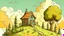 Placeholder: Cartoon style: far far away on the horizon between trees, a very small wooden house