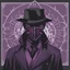 Placeholder: warlock, black hat, black mask with ash purple patterns, black trench coat with ash purple patterns, dark, ominous, ash purple, grey background, profile picture, simplistic design