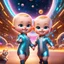 Placeholder: (masterpiece, best quality, 8k, RAW photo, beautiful and aesthetic:1.2), complex detail, Indirect light, photorealistic, (((full body))), 2 Cosmic Boss Baby style, bald boy and girl smiling, long curved blonde hair , with a ginger cat companion, colorfull Sci-Fi environment