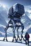 Placeholder: a sleek mechanical walker with eight legs scaling a very steep snow covered side of mout everest at night, it has a smooth surface, it has storage pods on its belly human can fit in the pods