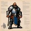Placeholder: character concept sheet with AD&D statistics and characteristics, [illustration by René Gruau] a dwarf cleric in heavy armour and his mace
