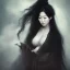 Placeholder: A portrait of a beautiful curvaceous japanese woman samurai with long straight curly black hair, sorceress, magical, ethereal, intricate, sharp lighting, misty. Painting, high quality, Ultra quality 8k.