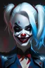 Placeholder: Harley Quinn, black suit, white hair and blue and red details on it, evil smile