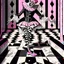 Placeholder: Storybook illustration of a Pierrot Clown, black and white with pink accents, Beardsely style, art nouveau elements, vintage drawing, pierrot vintage, black and white marble floor