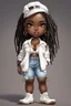 Placeholder: create a digital image of a plus size chibi dark skinned Black female wearing a white jean outfit with timberland boots. Prominent make up with brown eyes. Highly detailed dread locs 2k