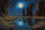 Placeholder: Dark blue sky with one exoplanet in the horizon, rocks, cliffs, puddle, weeds, sci-fi movies influence, epic, ernest welvaert and charles leickert impressionism paintings