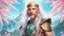 Placeholder: Photo realistic portrait of a gorgeous smiling skinny viking god with a golden dark shining skin, long smooth clear turquoise blue and pink white hair, blue eyes, in a sci-fi outfit with luminous strikes blowing a kiss in a hill of flowers with sakura trees, a waterfall, a crystal palace, loads of mini flowers, moss, sun rays through the branches, particles in the air at spring. Intricated details,