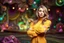 Placeholder: beautiful lady in sureal stage made of fractal random size sphers with helical strip colors in clothing similar to environment fullbody posing to camera