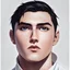 Placeholder: mysterious youthful Russan male, man, dark and intriguing, confident, intense, handsome, retroanime style, cartoon style, dark black short hairs, white shirt, white paint background, white man, The head looks straight ahead