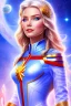 Placeholder: young cosmic woman admiral from the future, one fine whole face, large cosmic forehead, crystalline skin, expressive blue eyes, blue hair, smiling lips, very nice smile, costume pleiadian,rainbow ufo