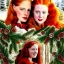 Placeholder: young Deborah Ann Woll and teen Robyn Lively, beautiful faces, meticulously detailed red hair; Christmas sleigh, brown horses; forest, snow, ethereal fantasy maximalist matte painting. Hues of Christmas. realistic. Victorian era, snowflakes, holly, pinecones, old fashioned, vintage, antique, beautiful, renaissance, 16k