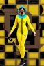 Placeholder: Realistic photograph. Geometric 3D tiling on the background, woman full-covered face mask. Bronze color Yellow Black Cyan. AKG headphones, golden rings & disc. Selfie both hands. Lightly armored, electronic circuit. Cyber-punk full-mask. Thick tights. Thick calves. Curved fell. Wide hip. Flat belly. Ancient artifact cables between. Perfect body. Matrix movie clothes, Silver leather area, tippet, latex. Wicked sneakers. Daft Punk helmet, Tron Movie. Egyptian Haute Couture 1990's. Light from right