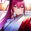 Placeholder: Clear focus, 8k, beautiful lighting, vibrant colors, girl, pink long hair, vibrant pink eyes, miko, ponytail, hair in between the eyes, up close,