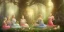 Placeholder: group of beautiful ladies in colourful dresses meditating in an enchanted forest with a spring at night, candles in the trees