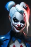 Placeholder: Harley Quinn, black suit, white hair and blue and red details on it, evil smile