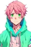 Placeholder: An anime man with messy short pink hair and blue eyes wearing a green hoodie