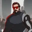 Placeholder: a young man with big muscles who looks like hans gruber wearing a turtleneck and red sunglasses staring with an angry look on his face