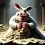 Placeholder: piggish cloven foot lying on stacks of money, bugs bunny