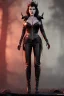 Placeholder: Amy Dumas as evil queen in black leather, leather, busty, cleavage, angry, rage, stern look. character design by cory loftis, fenghua zhong, ryohei hase, ismail inceoglu and ruan jia. unreal engine 5, artistic lighting, highly detailed, photorealistic, fantasy