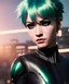 Placeholder: Cyborg anime warrior, light green hair, pixie hairstyle, cobalt eyes, waist up portrait, 8k resolution, intricate details, ornate details, soft lighting, vibrant colors, retroanime, masterpiece, intricate eyeliner, dark eyeshadow, eyes, intricate tattoos, futuristic cityscape background