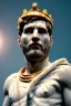 Placeholder: Realistic image, Roman sculpture made in white marble with gold veins, Lionel messi with gold laurel leaves crown, decorative star on the chest, waist up portrait, marble material, gold ornaments, Baroque style, sun rays background, epic, celestial, cinematic lighting, God lights, 4k resolution, smooth details, soft lighting, unreal engine 5, art station, substance 3d.