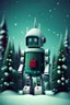 Placeholder: christmas robot in sweater with christmas atmosphere pine trees