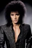 Placeholder: What Elvis Presley would look like if he were in a 1980s, big hair, glam rock band with long, teased up, spikey black hair, full color image,