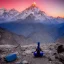 Placeholder: mystical indian blue man in adoration in himalaya at sunset