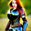 Placeholder: realistic, hyper detailed, strikingly beautiful teen woman, long ginger hair, green eyes, medium freckles, full lips, revealing leather armour, full body and head, exposed b-cup breasts, stern expression, full frame, petite, ignore NSFW, shortbow, quiver on hip, sexy