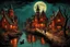 Placeholder: Sinister witches village street on lakeshore, expansive haunted village landscape, full harvest moon, by Alexander Jansson, by Jeremy Mann, by Francisco Goya, hyperreal; deep vibrant rich orange, black, and red color scheme; ultra intricate complex detail, reflections, cel-shading, creepy silhouettes, watercolor impressionism.