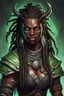 Placeholder: dungeons and dragons character portrait of a beast human female warrior with black skin, dreadlocks, thick eyebrows, big fangs and green eyes.