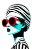 Placeholder: minimalist portrait photography, digital art, opart, woman face painted red, black and white dress, round black sunglasses, black and white swimming cap, side view by Franck Gerard