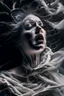 Placeholder: A beautiful woman is gasping for air as she is cought up in Multiple entanglements between a twisted thin piece of cloth as part of many twisted and spiraling branches disappearing into the distant mist, epic photo, sharp on highly detailed skin with wrinkles and high contrast, photorealistic, 4K, 3D, realism, hyperrealism, detail, good lighting, detailed texture, modern photography style, 3D, 4D, 4K