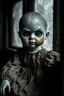 Placeholder: ooking at the camera a high realistic porcelain doll, old, dirty with old dress, sitting on shelf, in background blur cracked window. The figure has cracked face and head, and piercing big black eyes. High contrast, cinematic, thriller, dark, atmospheric. Surreal style , perfect composition, sharp focus, intricate details, crepy stunning