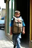 Placeholder: A Palestinian child carries on his shoulders a large bag with windows and doors