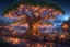 Placeholder: The tree of Heavens, huge tree floating heaven, warm and cozy, many huts on the tree, people, huge railing, firelights, blossoms, christmas decorations, fireflies, beautiful, Serene, Warm place