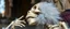 Placeholder: close up on fluffy laughing skeleton in a heretic place shaking