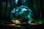 Placeholder: A giant dodecahedron made of glass emitting lights in the middle of a forest